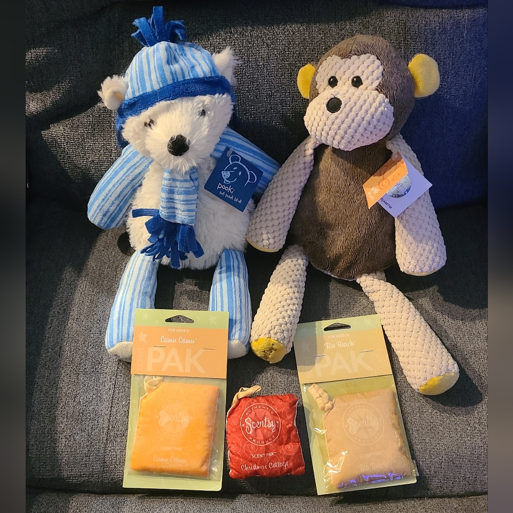 Plush Monkey and Bear Toy Set - Brown & Blue - Packaged Scented Paks
